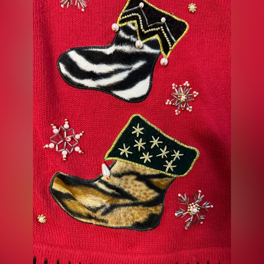 Vintage Nutcracker Christmas Cardigan Sweater Red Animal Print Stockings medium - Picture 13 of 16